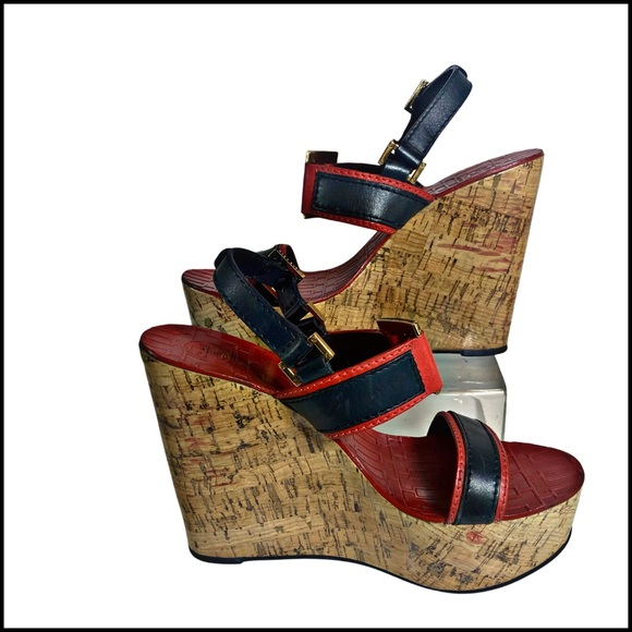 TORY BURCH Volcano Angeline Red, Navy Leather Gold Platform Wedge Sandals Sz 7.5 - Picture 1 of 16